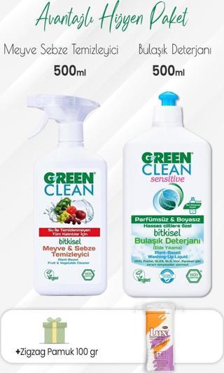 Green Clean Meyve Sebze Temizleyici,Sensitive Bulaşık Deterjanı 500 ml ve Zigzag Pamuk