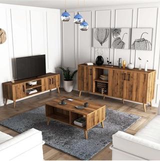 Mezza Set 1582-2072-1622 Exxen (Ahşap Ayaklı) Tv Ünitesi - Orta Sehpa - Konsol Seti Hat Rengi
