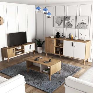 Mezza Set 1584-2074-1624 Exxen (Ahşap Ayaklı) Tv Ünitesi - Orta Sehpa - Konsol Seti Sepet - Beyaz