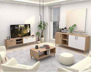 Mezza Set 1585-2074-1624 Exxen (Ahşap Ayaklı) Tv Ünitesi - Orta Sehpa - Konsol Seti Sepet - Beyaz