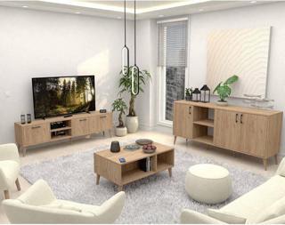 Mezza Set 1587-2076-1626 Exxen (Ahşap Ayaklı) Tv Ünitesi - Orta Sehpa - Konsol Seti Sepet Rengi