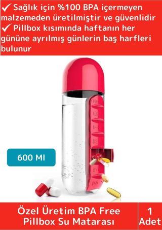 Premium Uzun Ömürlü %100 BPA Free Hap Bölmeli İlaç Kutusu Pillbox Su Matarası 600 Ml Suluk