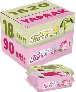 Baby Turco Islak Havlu Mendil 90 Yaprak Karma 18 Li Set (Gül/Zeytinyağı) 1620 Yaprak Plastik Kapaklı