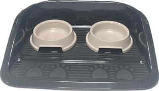 Servis Tepsili Plastik İkili Kedi Köpek Mama Ve Su Kabı 35x46 cm Siyah-Beyaz