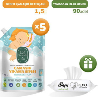 Eyüp Sabri Tuncer Bebek Çamaşır Deterjanı 1500 ml x 5, Islak Mendil Hediye