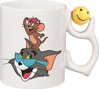 Kişiye Özel Tom Ve Jerry Emoji Ve Kalp Kulplu Süblimasyon Kaliteli Baskılı Porselen Kupa Bardak Emoji Kulp