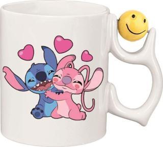 Stitch ve Angle Emoji ve Kalp Kulplu Özel Süblimasyon Kaliteli Baskılı Porselen Kupa Bardak Emoji Kulp