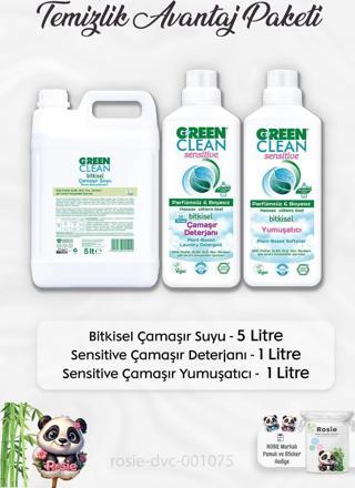 Green Clean Bitkisel Çamaşır Suyu 5 lt, Çamaşır Deterjanı 1 lt, Yumuşatıcı 1 lt ve ROSIE