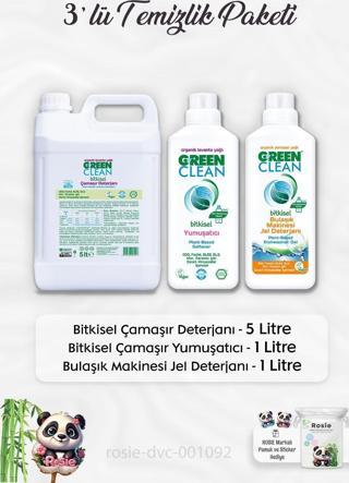Green Clean Çamaşır Deterjanı 5 lt, Yumuşatıcı 1 lt, Çamaşır Suyu 1 lt ve ROSIE