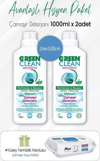 Green Clean Sensitive Yumuşatıcı 1 lt x 2 Adet ve Çamaşır Sulu Temizlik Havlusu 100' lü