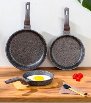 OMS 3737 Fry Pan Döküm Granit 3 Parça Tava Seti Siyah (20-24-28 cm)