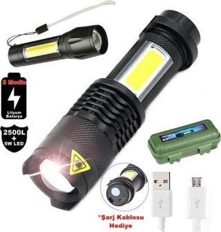 Su Geçirmez Şarjlı El Feneri 2500 Lumens + 5W COB LED USB Lion Şarjlı Ultra Güçlü Q5 XPE (3877)