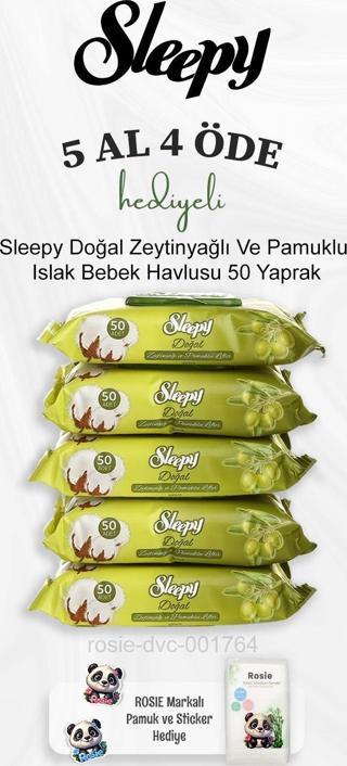 Sleepy Doğal Zeytinyağlı Ve Pamuklu Islak Bebek Havlusu 50 Yaprak 5 Al 4 Öde ve Rosie Pamuk