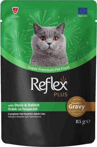 Reflex Plus Sos İçinde Et Parçacıklı Ördekli ve Tavşanlı Kedi Konservesi 85 Gr