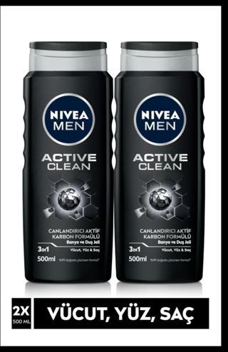 MEN Erkek Duş Jeli Active Clean 500ml, 3'ü 1 Arada Komple Bakım, Vücut Saç Yüz, Erkek Bakım, X2 Adet