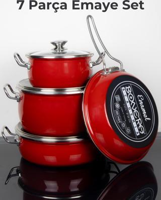 Bonera Lilium Kırmızı 7 Parça İçi Titanyum Dışı Emaye Tencere Tava Seti