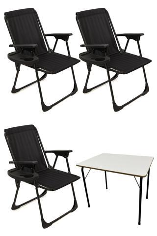 Moniev Natura 3 Adet Kamp Sandalyesi Katlanır Piknik Sandalye Oval Bardaklıklı Siyah + Katlanır MDF Masa