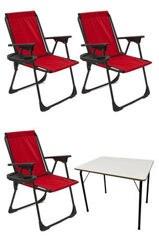 Moniev Natura 3 Adet Kamp Sandalyesi Katlanır Piknik Sandalye Oval Bardaklıklı Kırmızı + Katlanır MDF Masa