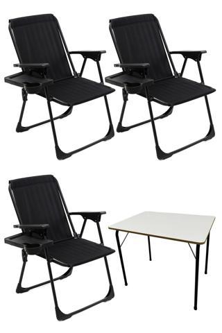Moniev Natura 3 Adet Kamp Sandalyesi Katlanır Sandalye Dikdörtgen Bardaklıklı Siyah + Katlanır MDF Masa
