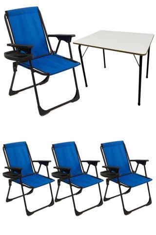 Moniev Natura 4 Adet Kamp Sandalyesi Katlanır Piknik Sandalye Oval Bardaklıklı Mavi + Katlanır MDF Masa
