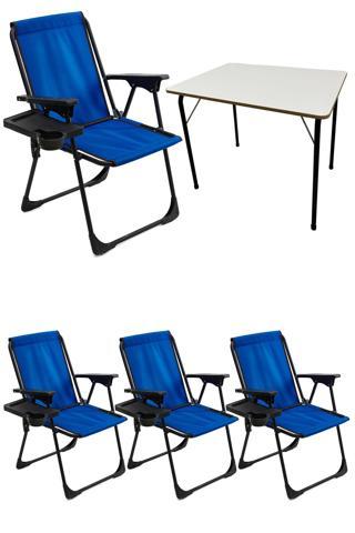Moniev Natura 4 Adet Kamp Sandalyesi Katlanır Sandalye Dikdörtgen Bardaklıklı Mavi + Katlanır MDF Masa