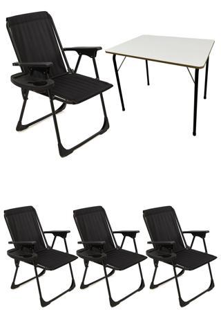 Moniev Natura 4 Adet Kamp Sandalyesi Katlanır Piknik Sandalye Oval Bardaklıklı Siyah + Katlanır MDF Masa