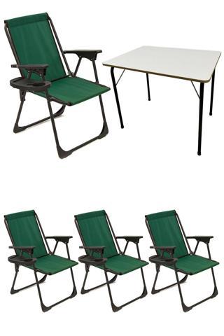 Moniev Natura 4 Adet Kamp Sandalyesi Katlanır Piknik Sandalye Oval Bardaklıklı Yeşil + Katlanır MDF Masa
