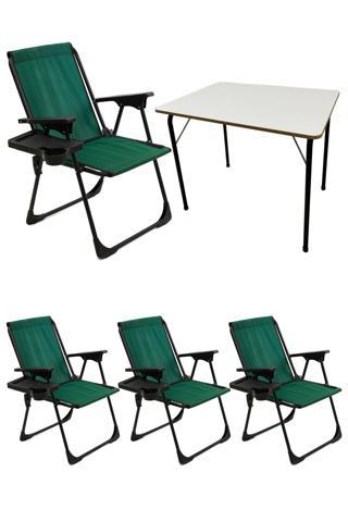 Moniev Natura 4 Adet Kamp Sandalyesi Katlanır Sandalye Dikdörtgen Bardaklıklı Yeşil + Katlanır MDF Masa