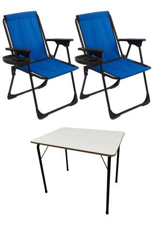 Moniev Natura 2 Adet Kamp Sandalyesi Katlanır Piknik Sandalye Oval Bardaklıklı Mavi + Katlanır MDF Masa