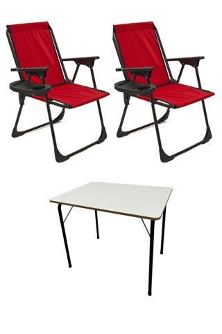 Moniev Natura 2 Adet Kamp Sandalyesi Katlanır Piknik Sandalye Oval Bardaklıklı Kırmızı + Katlanır MDF Masa