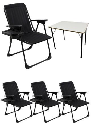 Moniev Natura 4 Adet Kamp Sandalyesi Katlanır Sandalye Dikdörtgen Bardaklıklı Siyah + Katlanır MDF Masa