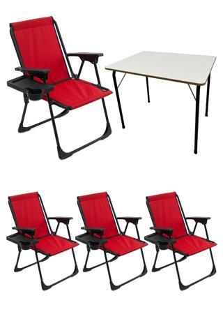 Moniev Natura 4 Adet Kamp Sandalyesi Katlanır Sandalye Dikdörtgen Bardaklıklı Kırmızı + Katlanır MDF Masa