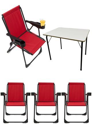 Moniev Silva 4 Adet Kamp Sandalyesi Bardaklıklı Lüks Piknik Sandalye Kırmızı + Katlanır MDF Masa