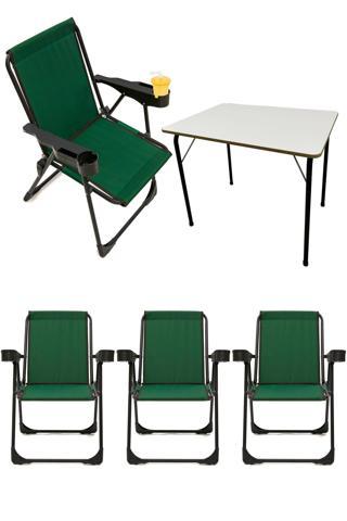 Moniev Silva 4 Adet Kamp Sandalyesi Bardaklıklı Lüks Piknik Sandalye Yeşil + Katlanır MDF Masa