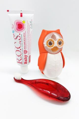 R.O.C.S. Baby OWL Bakım Seti - Bebek Diş Macunu + Diş Fırçası + Flipper BAYKUŞ Saklama Kabı