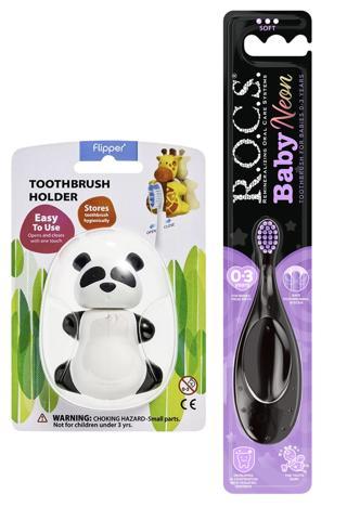 R.O.C.S. Baby NEON 0-3 Yaş Diş Fırçası Mor ve Flipper Hijyenik Saklama Kabı Seti - Panda Figürlü