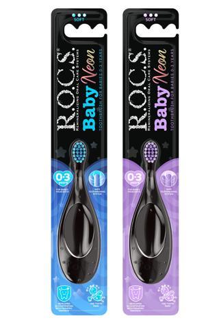 R.O.C.S. Baby Neon 0-3 Yaş İçin Ekstra Yumuşak Diş Fırçası - 2'li Set - Mor+Mavi