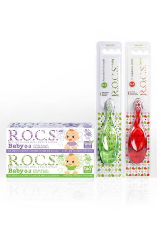 R.O.C.S. Baby 0-3 Yaş Diş Ağız Bakım Seti - 2 Diş Macunu ve 2 Diş Fırçası (Kırmızı/Yeşil)