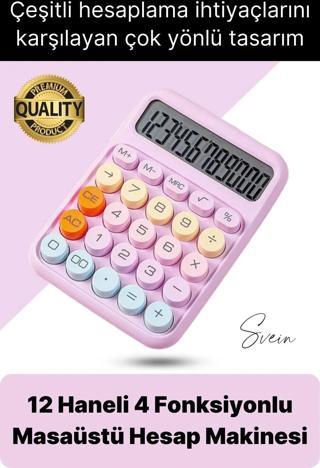 4 Fonksiyonlu Renkli Hesap Makinesi 12 Haneli Yuvarlak Tuşlu Şirin Masaüstü Ofis Kompakt