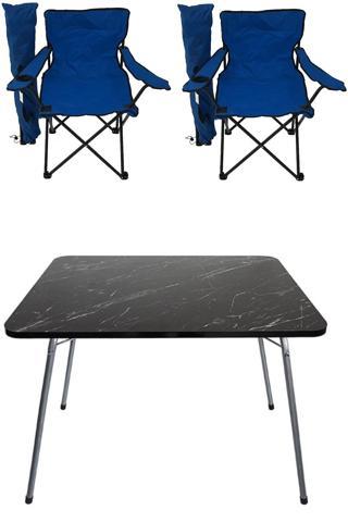 Bofigo Granit Katlanır Masa + 2 Adet Kamp Sandalyesi Mavi