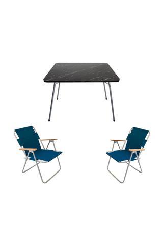 Bofigo 60x80 Granit Katlanır Masa + 2 Adet Katlanır Sandalye Kamp Seti Bahçe Balkon Takımı Mavi