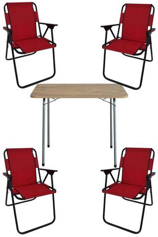Bofigo 60X80 Çam Desenli Katlanır Masa + 4 Adet Katlanır Sandalye Kamp Seti Bahçe Takımı Kırmızı