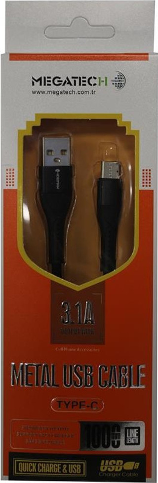 Megatech 3.1A  Örgülü A Serisi Typ-c Data Kablosu Gri-Siyah
