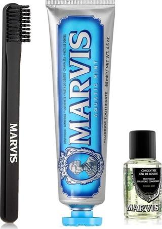 Marvis Aquatic Mint Diş Macunu 85 Ml + Orta Sert Diş Fırçası +  Ağız Gargarası 30 Ml 3 Lü Bakım Seti