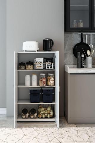 Jest Dekor Konsept Pera Çok Amaçlı Beyaz 4 Raflı 2 Kapaklı Mutfak & Banyo & Balkon & Ofis & Antre Dolabı - Kolay Montaj