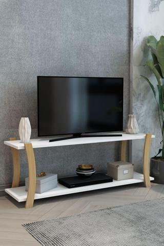 Jest Dekor Konsept Roma Beyaz Ahşap Raflı Televizyon Sehpası - Tv Ünitesi - Tv Sehpası – 120X30 Cm – Şık Ve Ergonomik