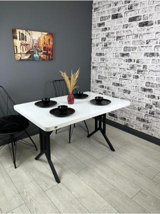 Hey Sultan Beyaz Siyah Mutfak Yemek Masası Balkon Masası Kavisli Köşe Metal Siyah Ayak 120*80 Cm