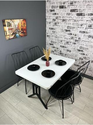 Hey Modüler Mobilya Handan Beyaz Siyah Mutfak Yemek Masası Balkon Masası Kavisli Köşe Metal Siyah Ayak 110*70 Cm