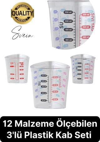 Premium 3'lü Set Plastik Ölçü Kabı 12 Çeşit Malzeme Ölçme Şeffaf Mutfak Gereci Galeta Unu İrmik