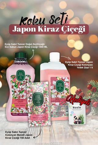 Kolonya 1lt, 1500ml Sıvı Sabun, kolonyalı mendil 150'li Japon Kiraz Çiçeği ve Rosie Pamuk